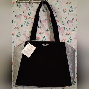NWT Jimmy Choo Black Velvet & Silver Sparkle Travel Cosmetic Beauty Tote Bag